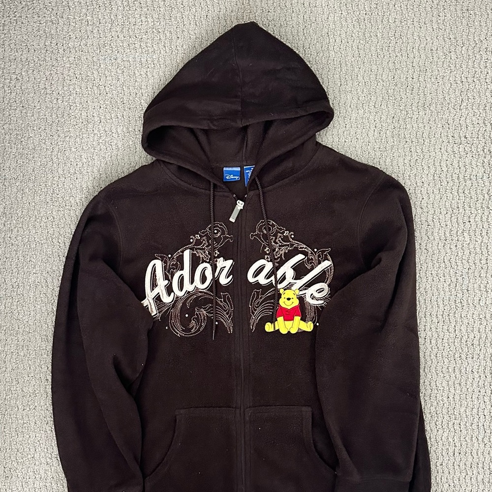 Vintage Adorable Disney Winnie the Pooh Brown Fleece Zip Up Hoodie